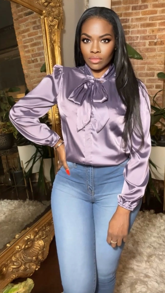 Satin Front Tie Blouse - Lavender – Thrifty Girl Online