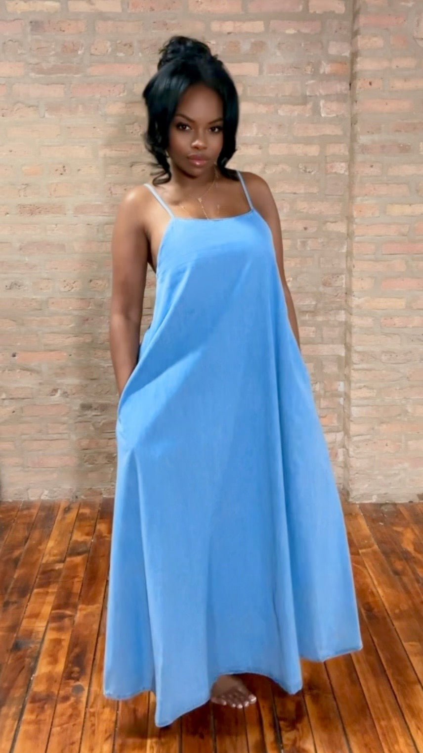denim spaghetti strap maxi dress Denim Open Back Maxi (PREORDER - ESTIMATED SHIP DATE