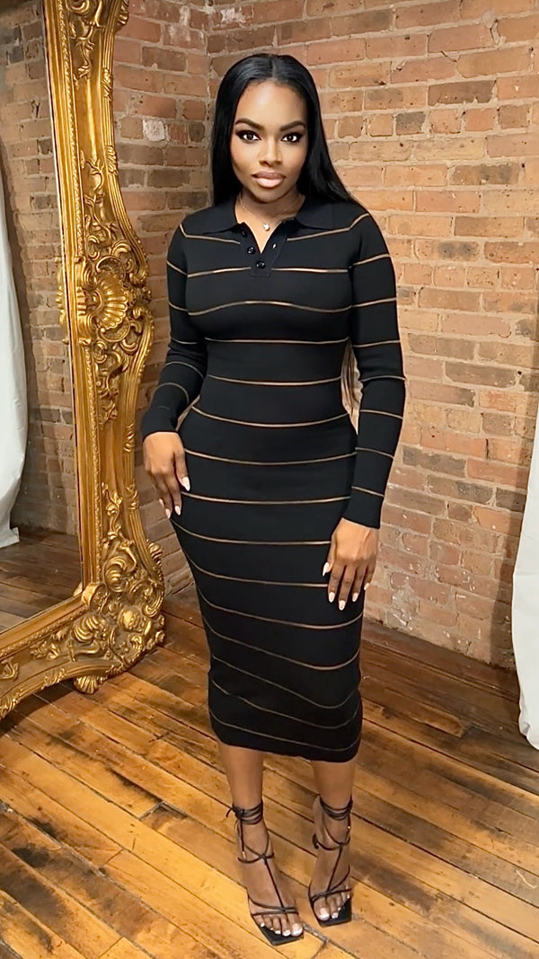 Sheer Stripe Midi Bodycon Dress - Black