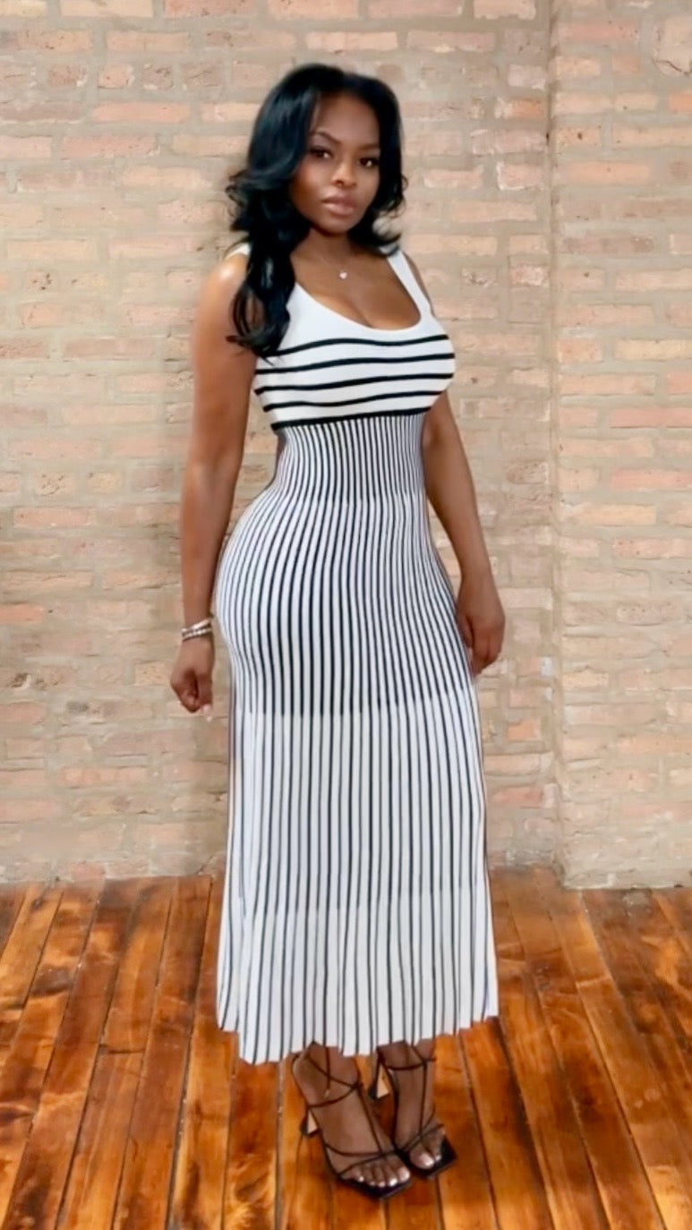 Striped Tank Knit Dress - Ivory and Black  Thrifty Girl Online