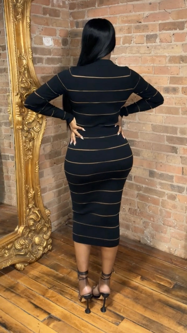 Sheer Stripe Midi Bodycon Dress - Black