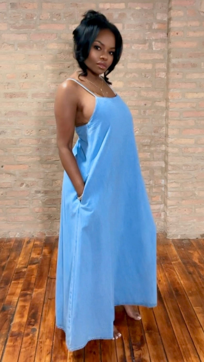 Denim Open Back Maxi – Thrifty Girl Online