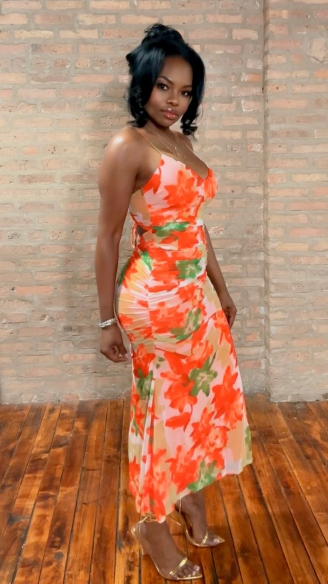 Floral Mesh Spaghetti Strap Midi Dress - Orange – Thrifty Girl Online
