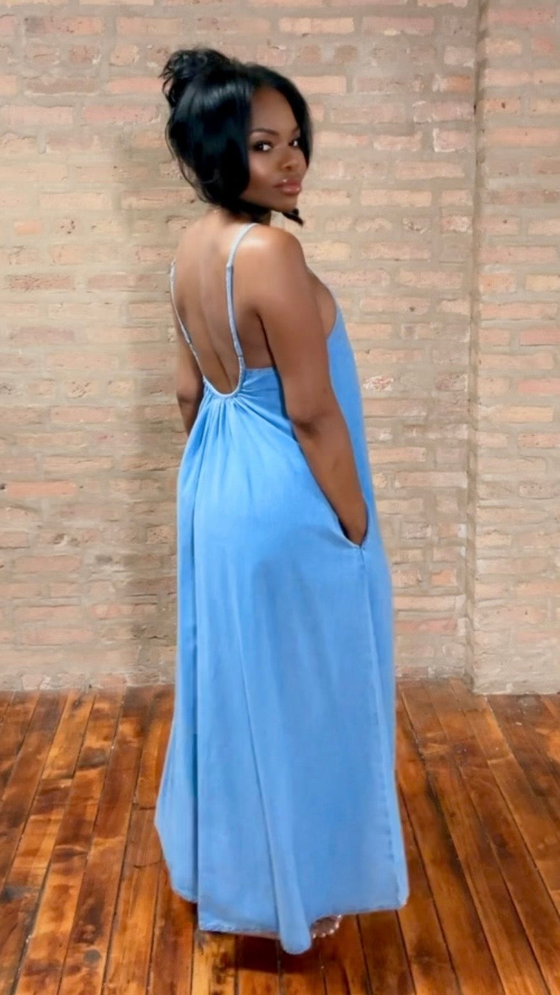 spaghetti strap denim maxi dress Denim Open Back Maxi (PREORDER - ESTIMATED SHIP DATE