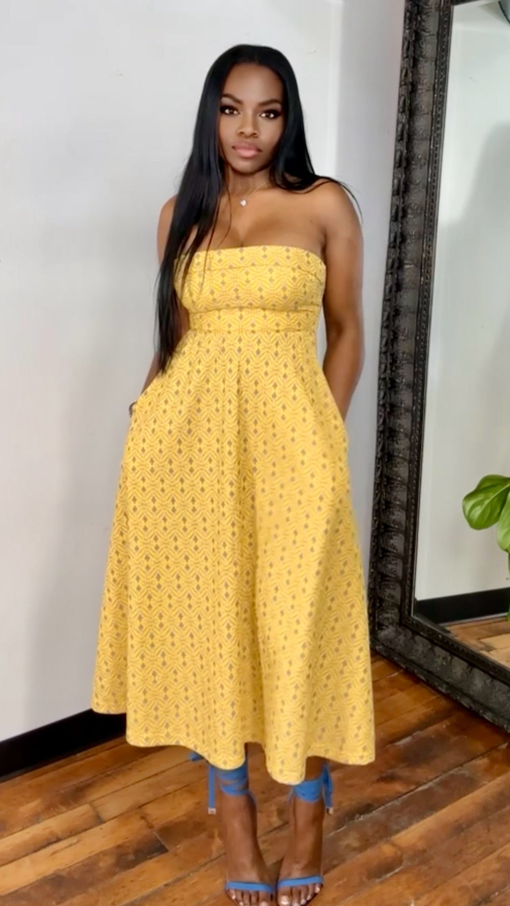 Celina Lace-Up Back Midi Dress - Yellow Thrifty Girl Online Celina Lace-Up Back Midi Dress - Yellow Thrifty Girl Online
