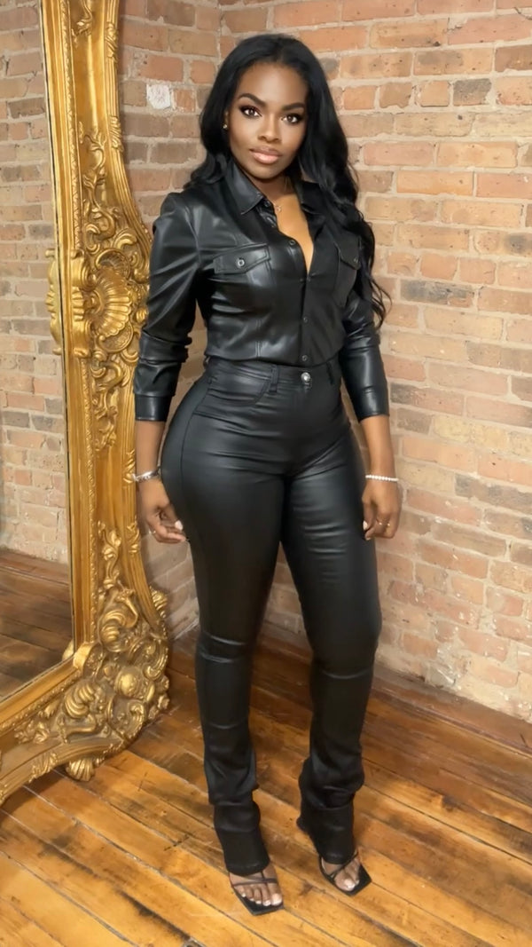 Vegan Leather High Waist Stacked Pants - Black