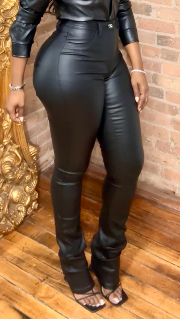Vegan Leather High Waist Stacked Pants - Black