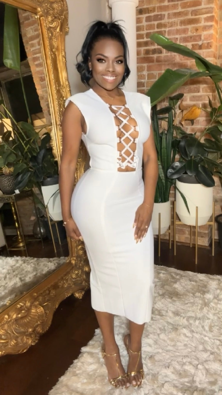 Lace-Up Bodycon Midi Dress - White Thrifty Girl Online Lace-Up Bodycon Midi Dress - White Thrifty Girl Online