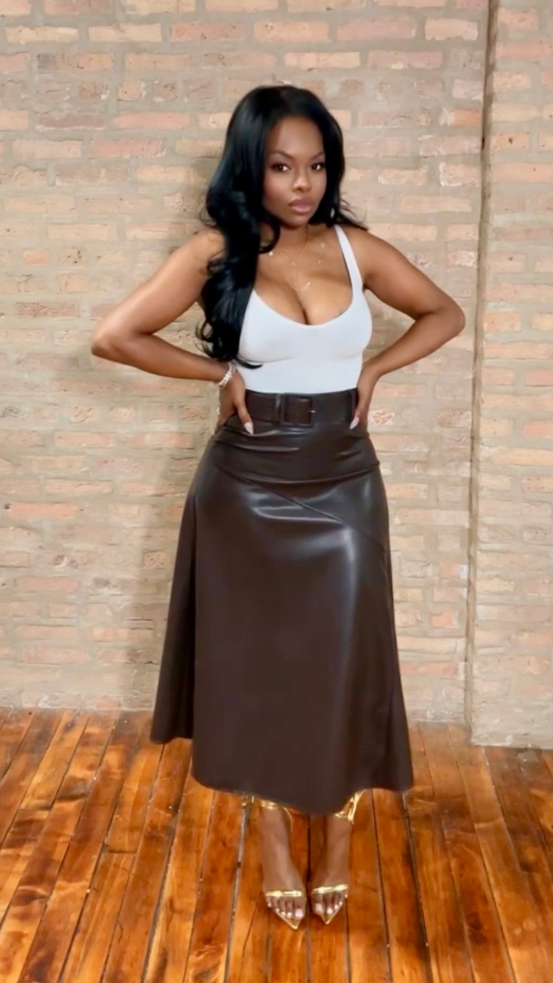 A-Line Vegan Leather Skirt - Chocolate – Thrifty Girl Online