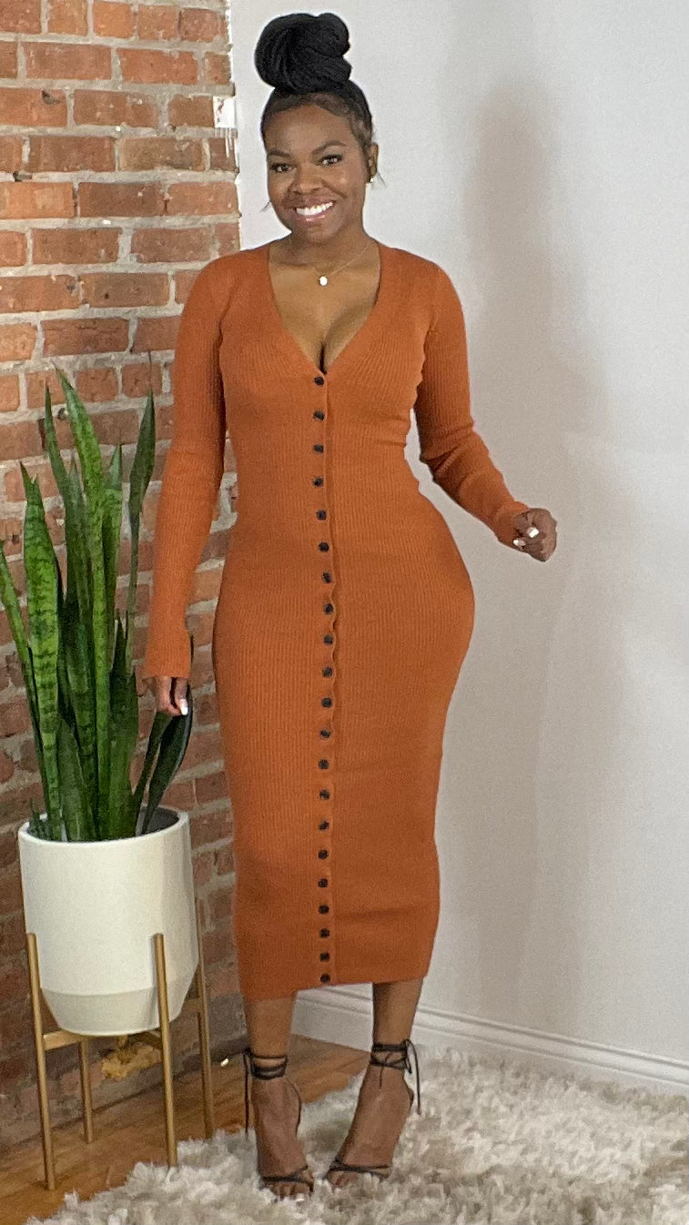 Button Down Sweater Dress Cognac Thrifty Girl Online